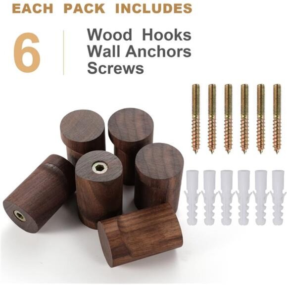 Wood Wall Hooks 6 Pack, Natural Wooden Coat Hooks Wall Mounted, Handmade Rustic - Picture 6 of 14
